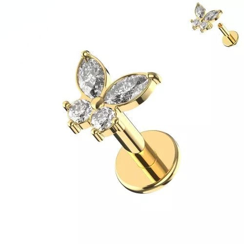 TITANIUM GOLD CRYSTAL BUTTERFLY FLAT BACK LABRET STUD - 16 GAUGE - 8MM