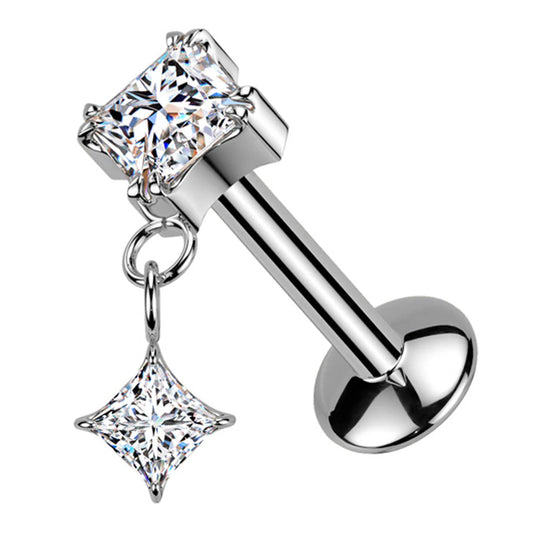 TITANIUM SILVER CRYSTAL SQUARE DANGLE CHARM FLAT BACK LABRET - 16 GAUGE - 8MM