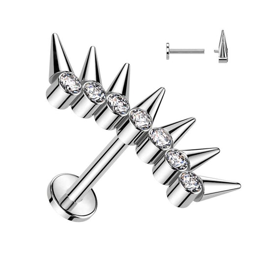 TITANIUM SPIKE & CRYSTAL FLAT BACK LABRET - 6MM