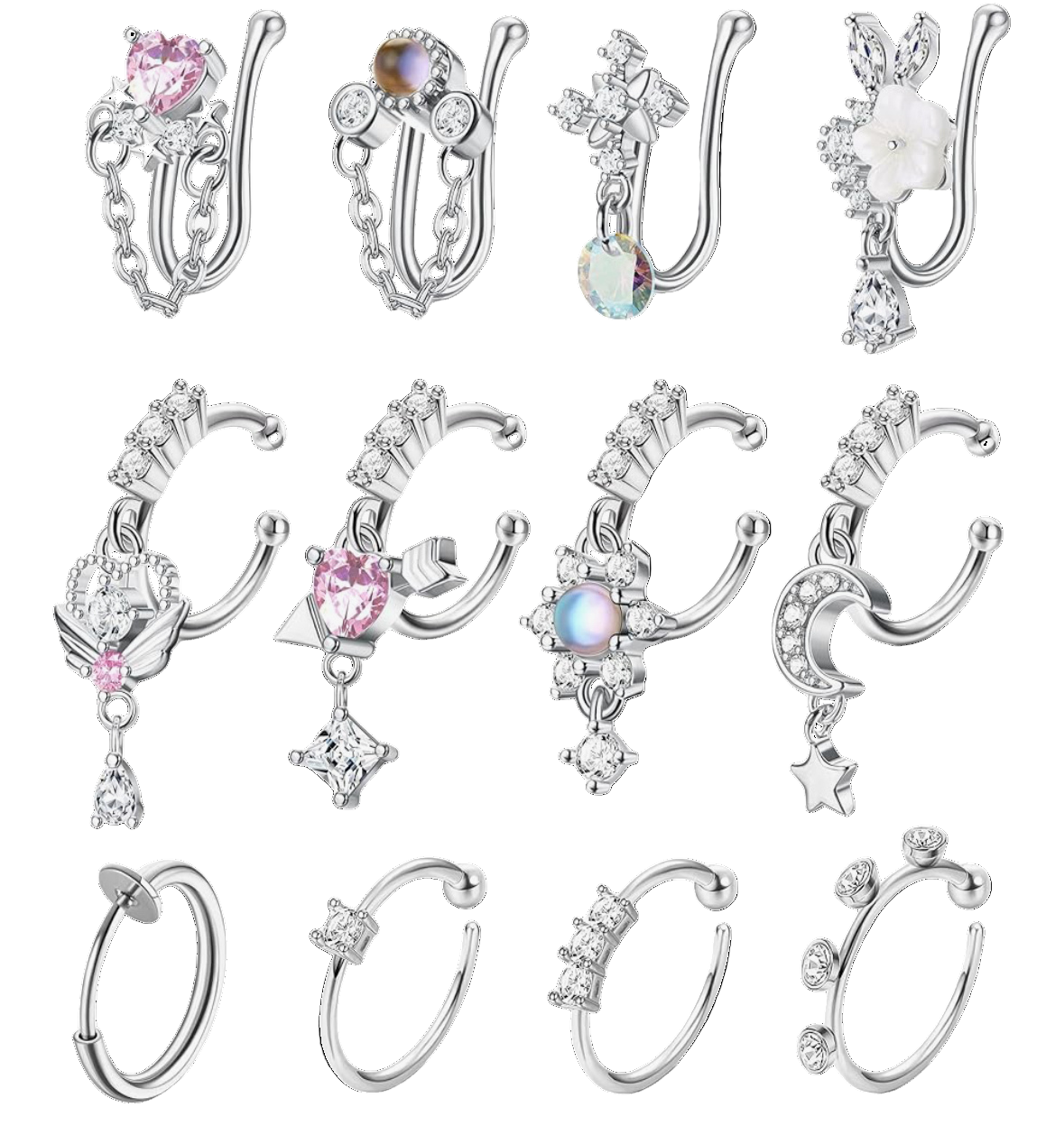 MULTI PACK OF 12 FAUX NOSE RINGS AND STUDS FOR NON PIERCED NOSE - NO PIERCING REQUIRED