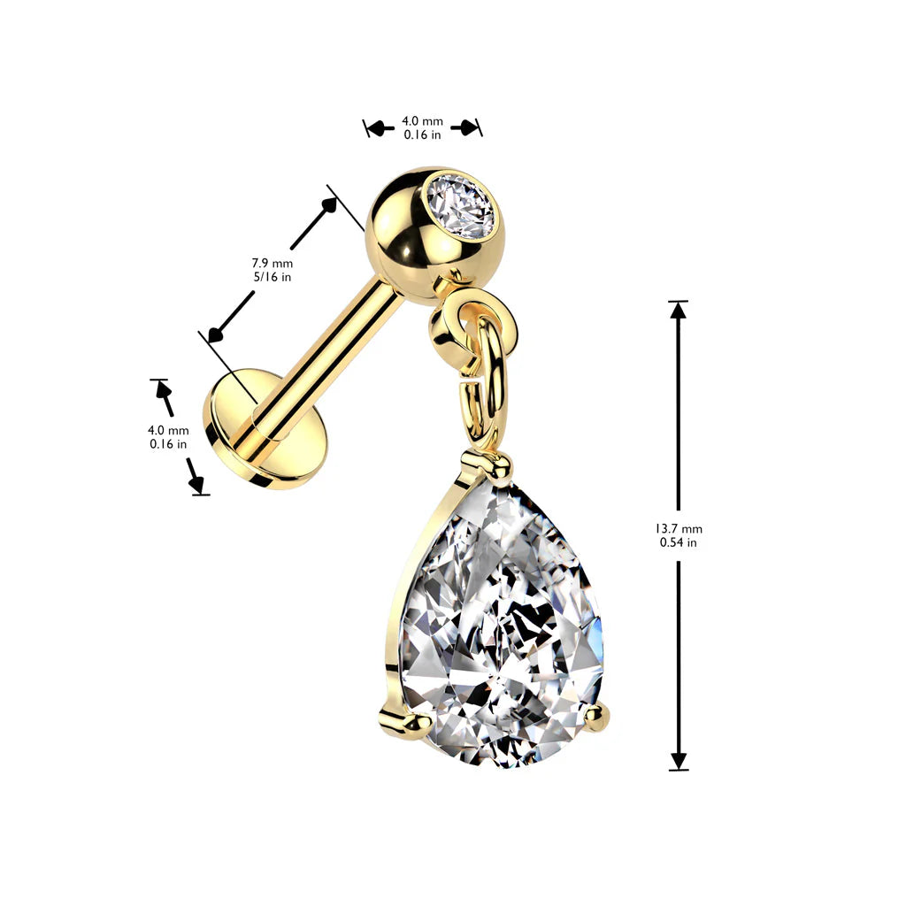 CRYSTAL TEARDROP CHARM FLAT BACK THREADLESS FLAT BACK LABRET - 8MM