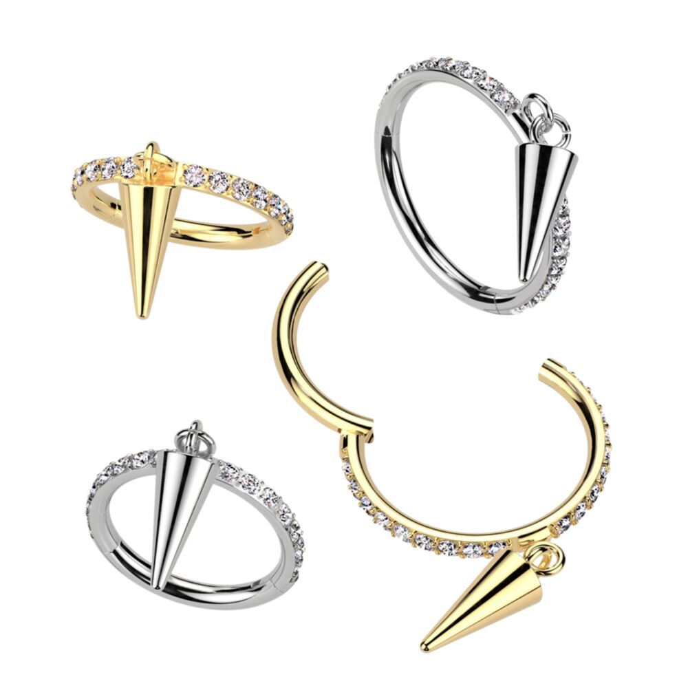 TITANIUM CRYSTAL ROW & CONE SPIKE CHARM HOOP - 8MM