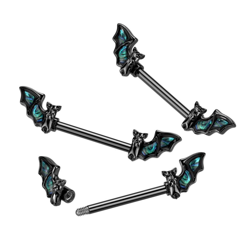 BLACK BAT WITH ABALONE SHELL WING DESIGN NIPPLE BARBELL