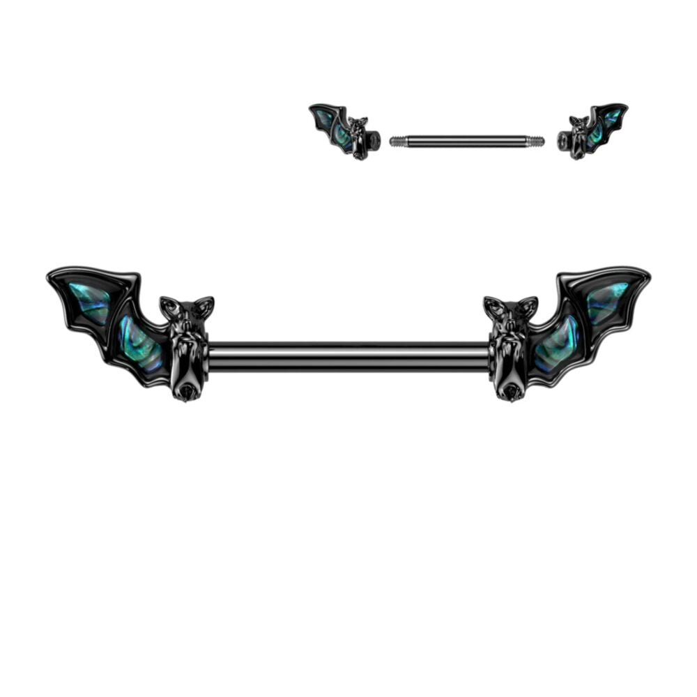 BLACK BAT WITH ABALONE SHELL WING DESIGN NIPPLE BARBELL