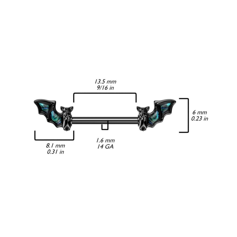 BLACK BAT WITH ABALONE SHELL WING DESIGN NIPPLE BARBELL