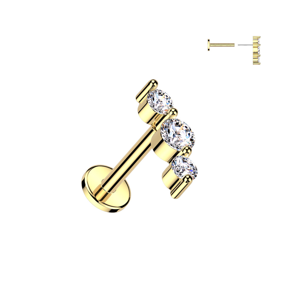 TRIPLE CRYSTAL THREADLESS FLAT BACK LABRET STUD