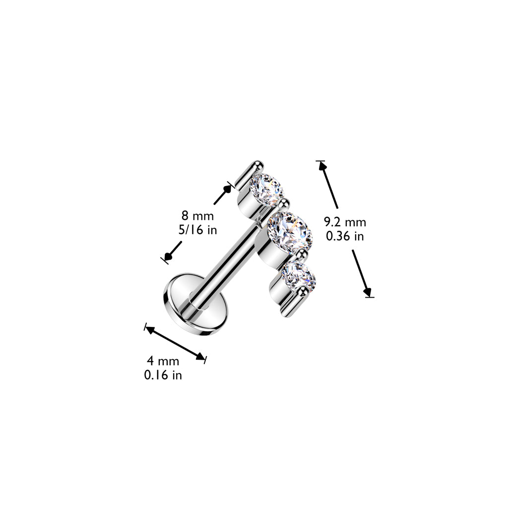 TRIPLE CRYSTAL THREADLESS FLAT BACK LABRET STUD