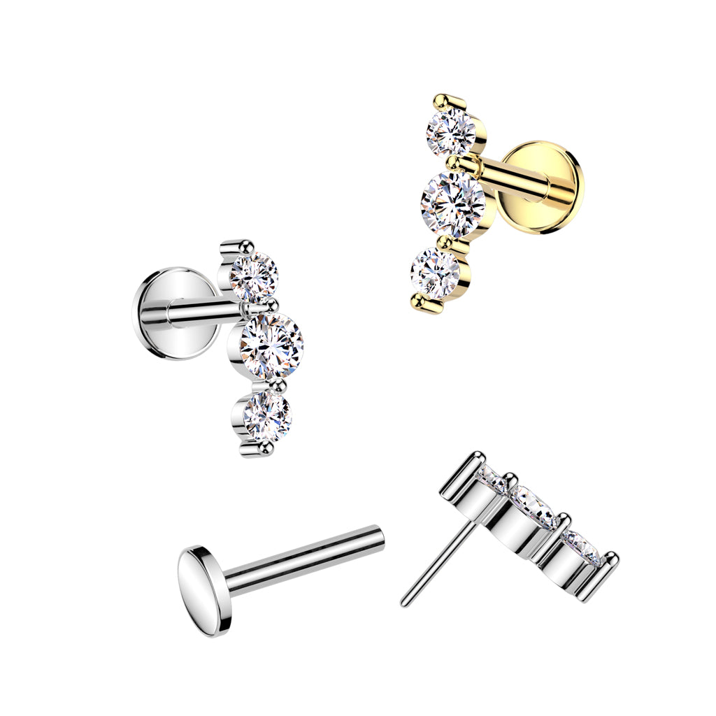 TRIPLE CRYSTAL THREADLESS FLAT BACK LABRET STUD