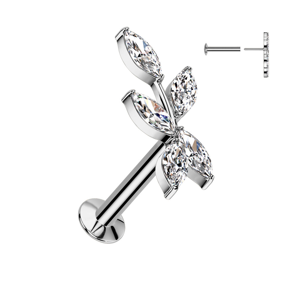 CRYSTAL VINE LEAF THREADLESS FLAT BACK LABRET STUD - 8MM