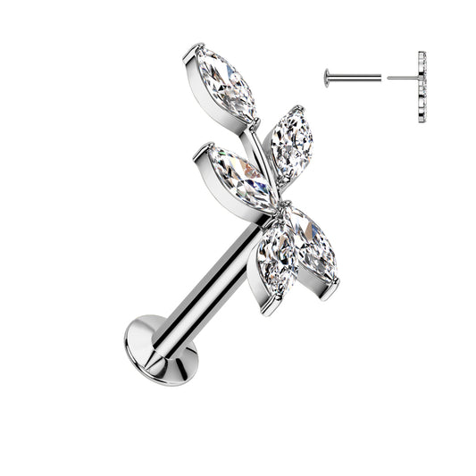 CRYSTAL VINE LEAF THREADLESS FLAT BACK LABRET STUD - 8MM
