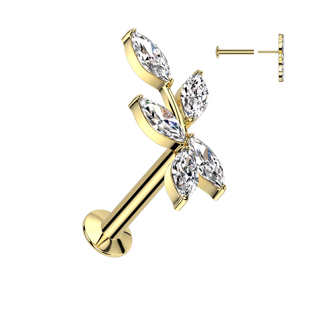 CRYSTAL VINE LEAF THREADLESS FLAT BACK LABRET STUD - 8MM