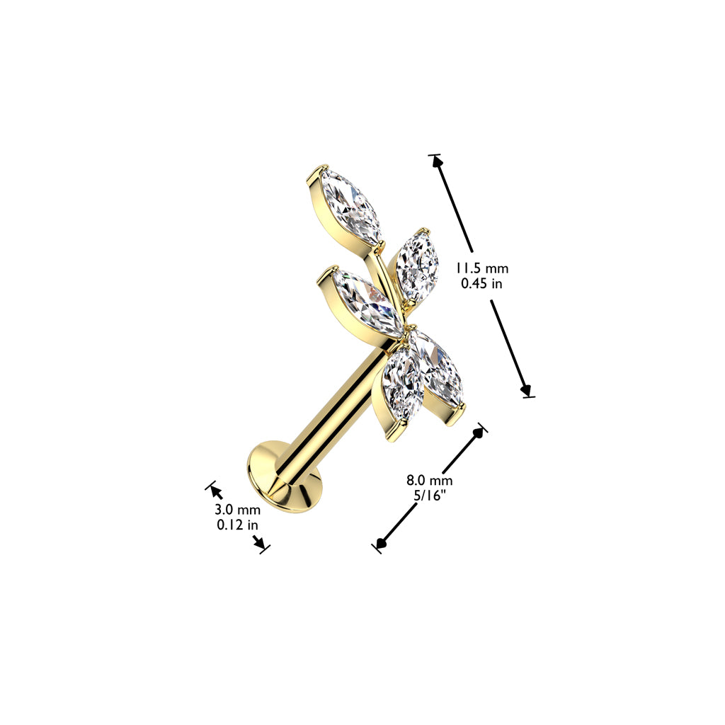 CRYSTAL VINE LEAF THREADLESS FLAT BACK LABRET STUD - 8MM
