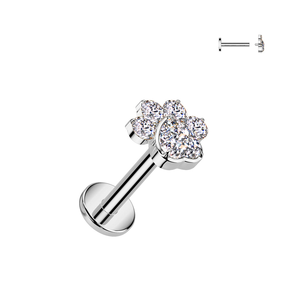 TITANIUM LOVE HEART PAW PRINT CRYSTAL FLAT BACK LABRET - 8MM