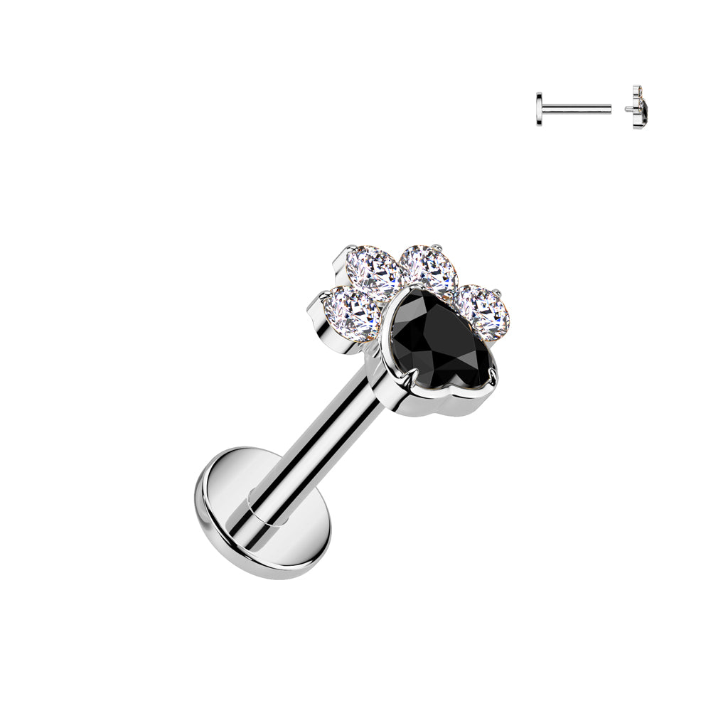 TITANIUM LOVE HEART PAW PRINT CRYSTAL FLAT BACK LABRET - 8MM