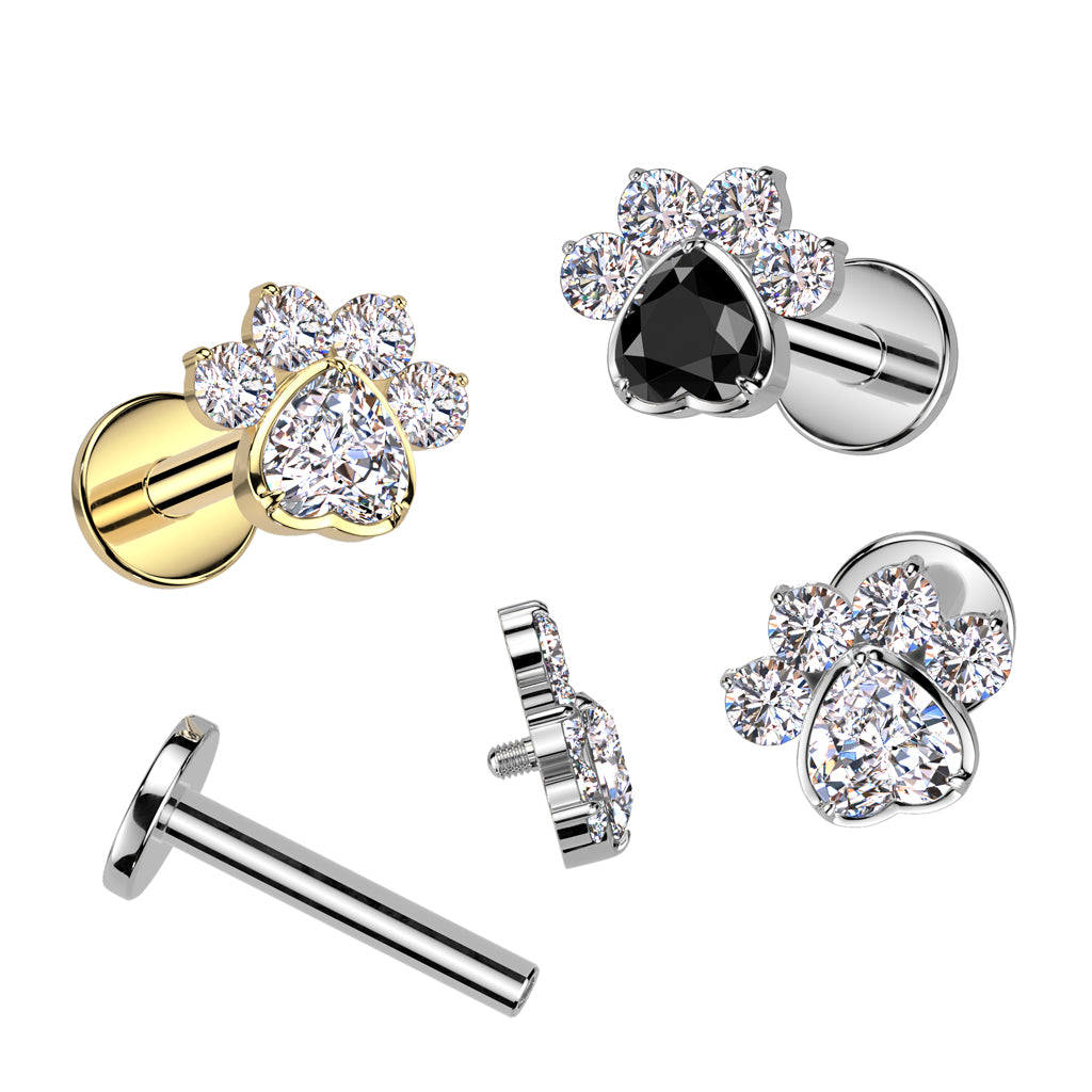 TITANIUM LOVE HEART PAW PRINT CRYSTAL FLAT BACK LABRET - 8MM