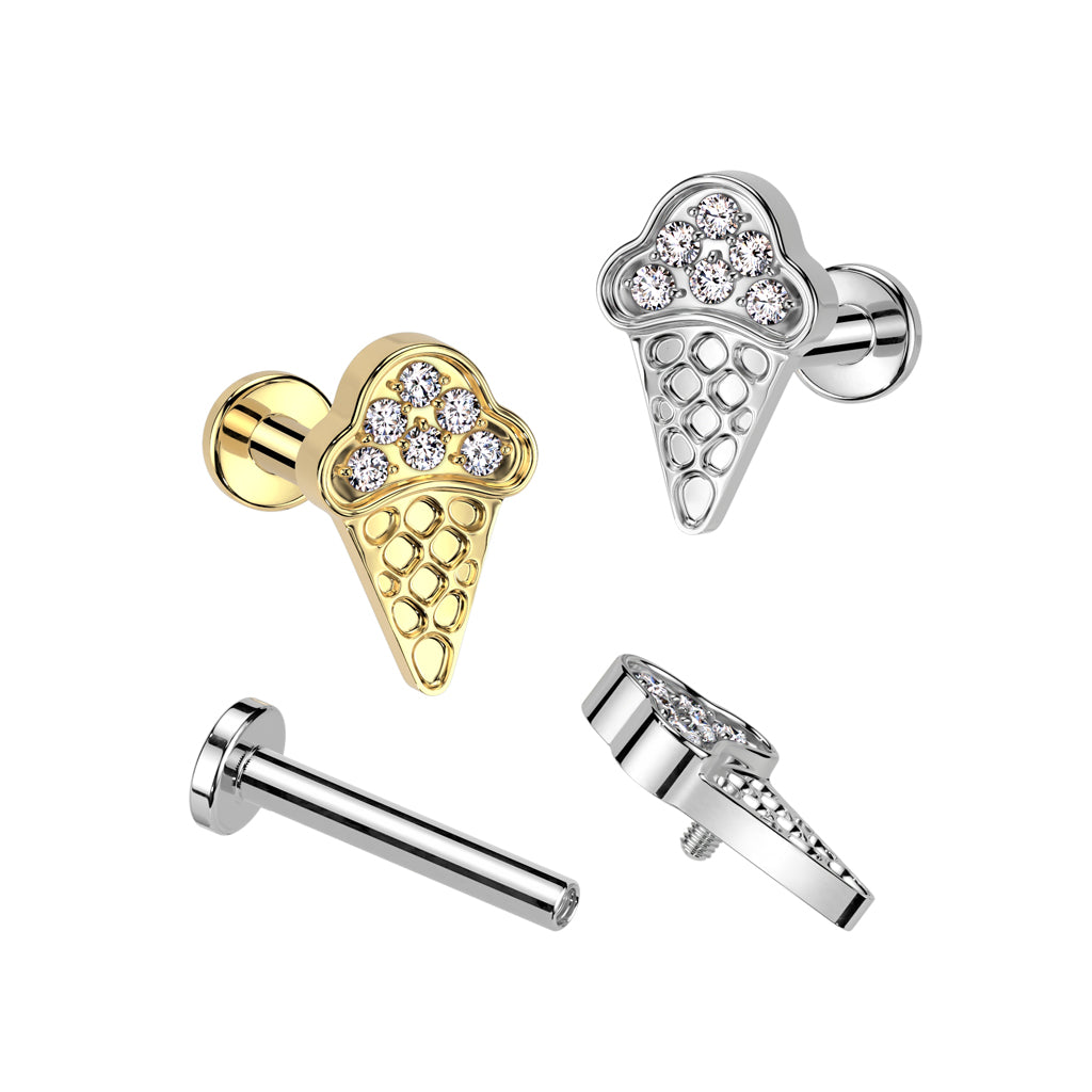 TITANIUM ICE CREAM CONE CRYSTAL FLAT BACK LABRET - 8MM