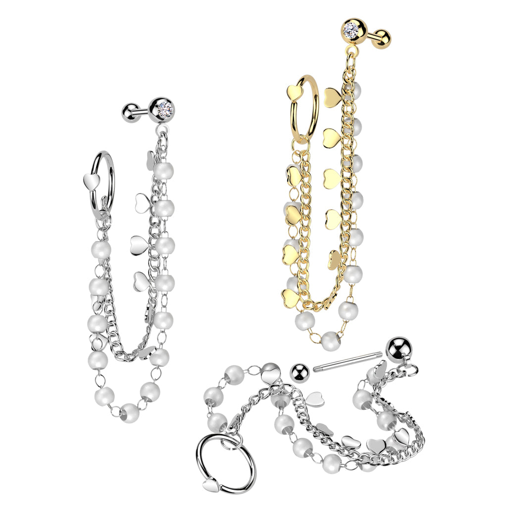 MINI HEART & PEARL HOOP & BARBELL CHAIN CONNECTOR EARRING