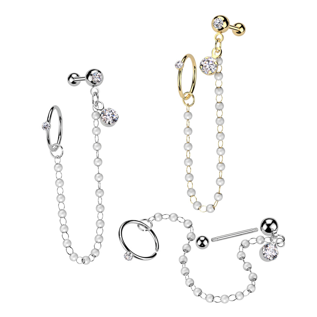 DIAMANTÉ CRYSTAL & PEARL HOOP & BARBELL CHAIN CONNECTOR EARRINGS