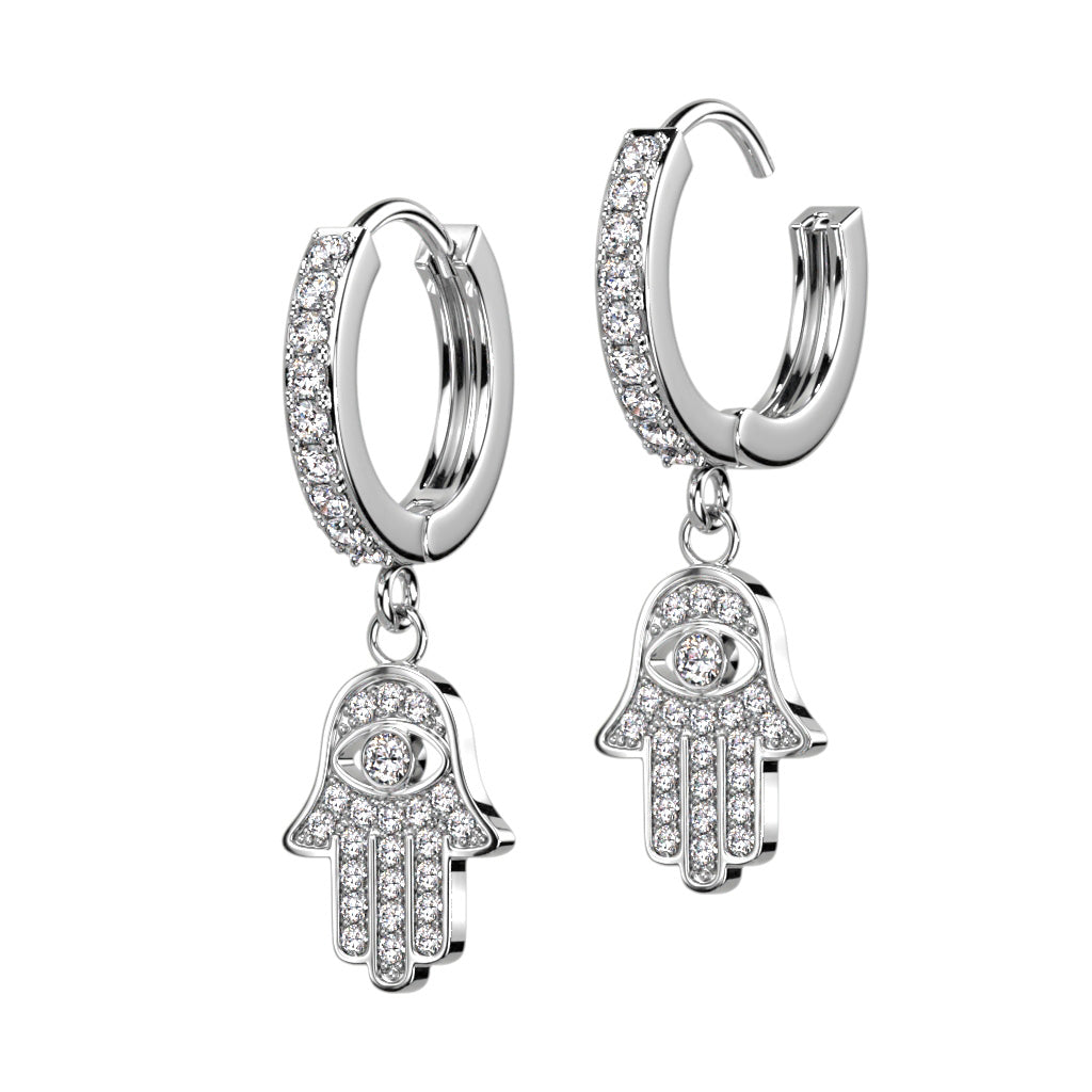 CRYSTAL HAMSA DANGLE CHARM HOOP EARRINGS