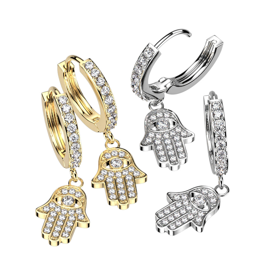 CRYSTAL HAMSA DANGLE CHARM HOOP EARRINGS