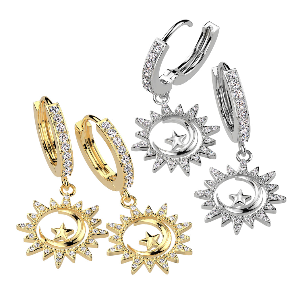 CRYSTAL SUN & MOON CHARM HOOP EARRINGS- 10MM