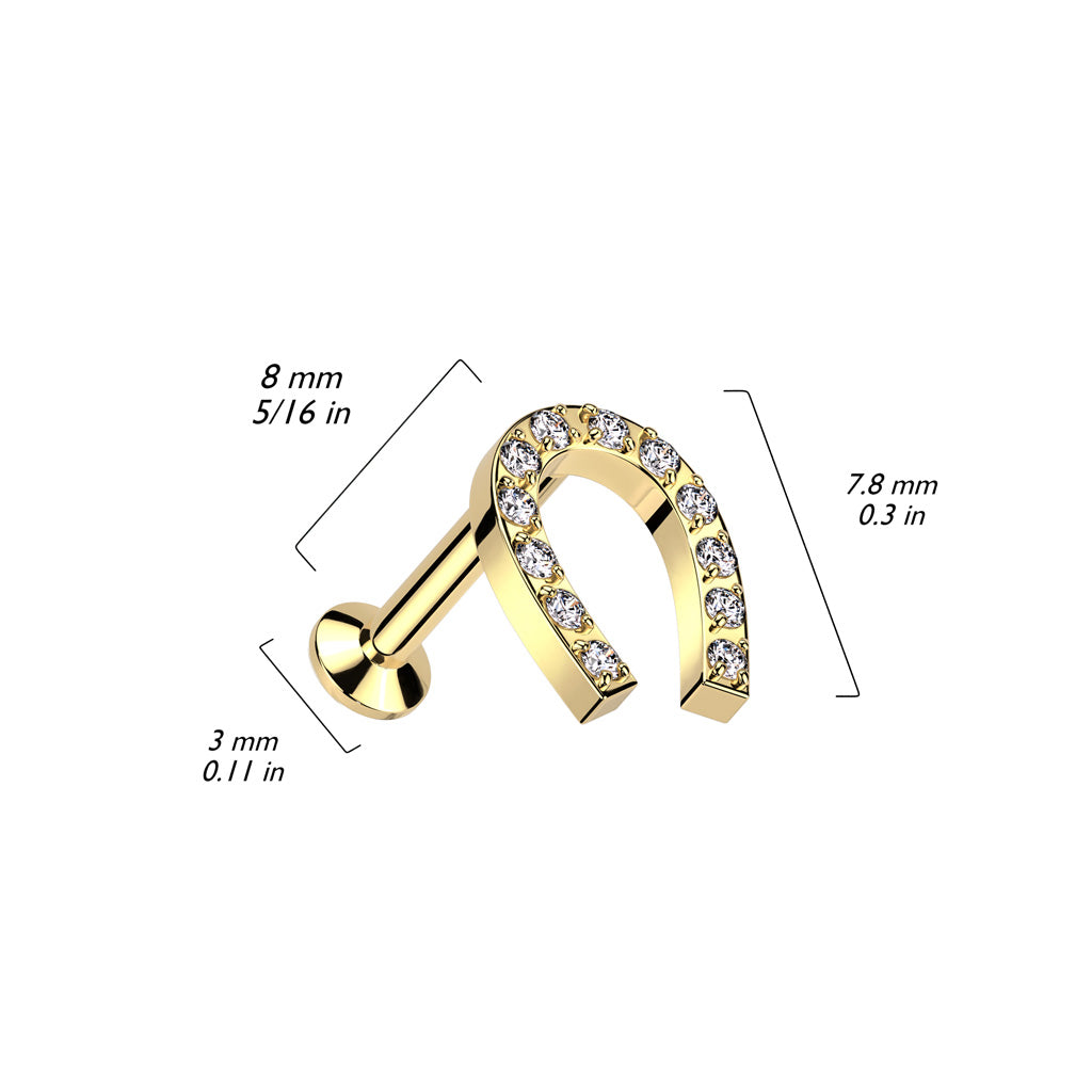 CRYSTAL LUCKY HORSESHOE THREADLESS FLAT BACK LABRET STUD - 8MM