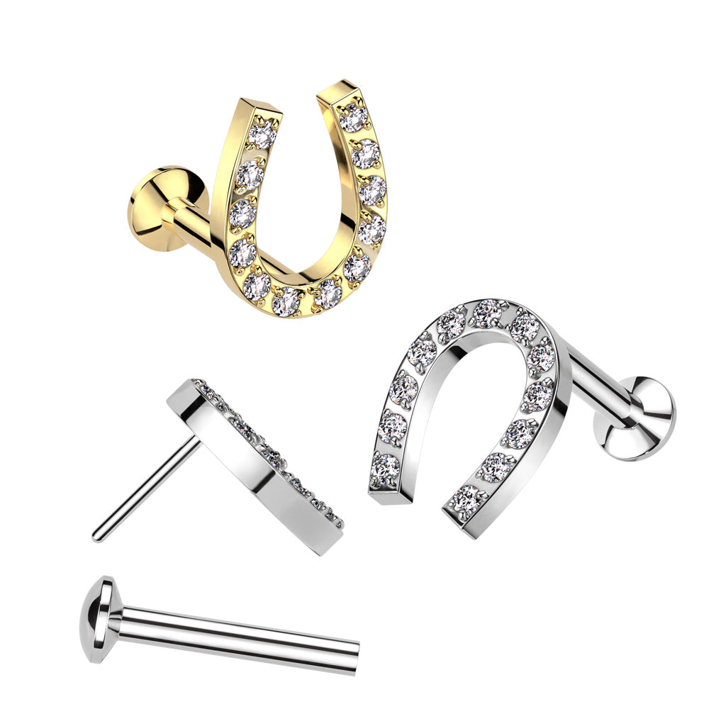 CRYSTAL LUCKY HORSESHOE THREADLESS FLAT BACK LABRET STUD - 8MM