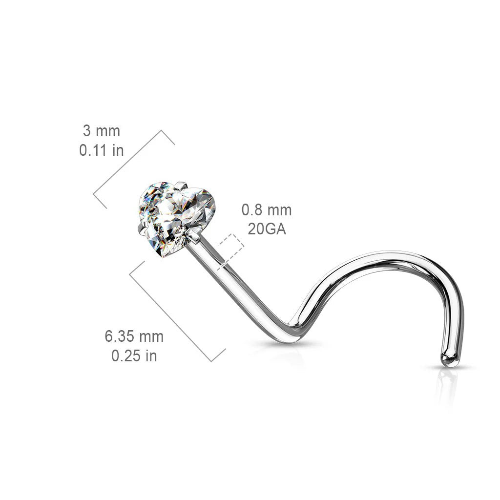 MINI CRYSTAL HEART CORKSCREW NOSE STUD - 6MM