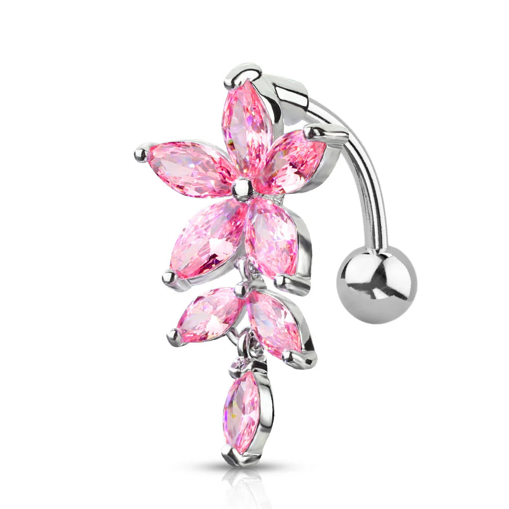CRYSTAL TRIPE FLOWER REVERSE BELLY BARBELL -10MM