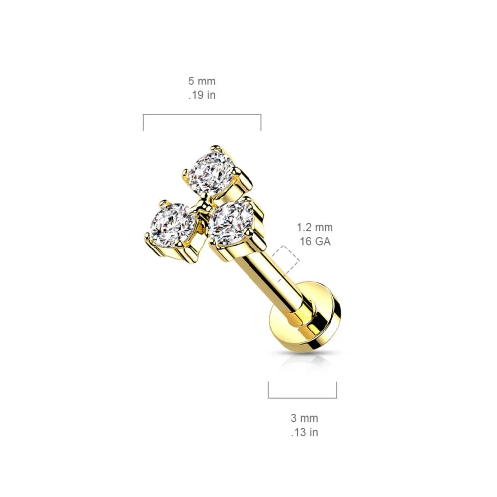 DAINTY TRIPLE CRYSTAL FLAT BACK LABRET STUD