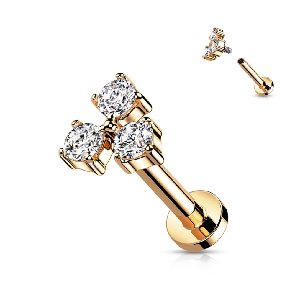 DAINTY TRIPLE CRYSTAL FLAT BACK LABRET STUD