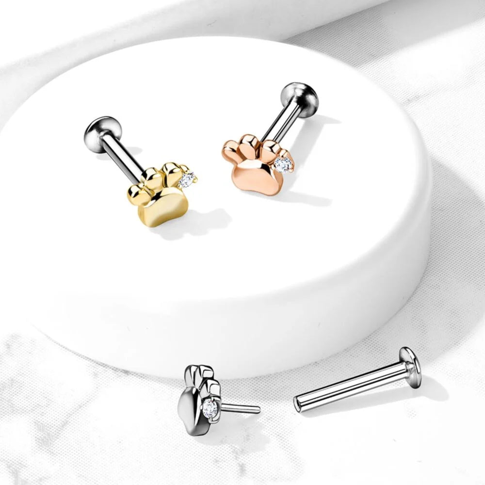 PUPPY & KITTY PAW FLAT BACK LABRET STUD - THREADLESS
