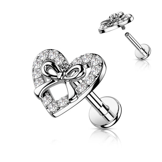 CRYSTAL LOVE HEART & RIBBON FLAT BACK LABRET STUD