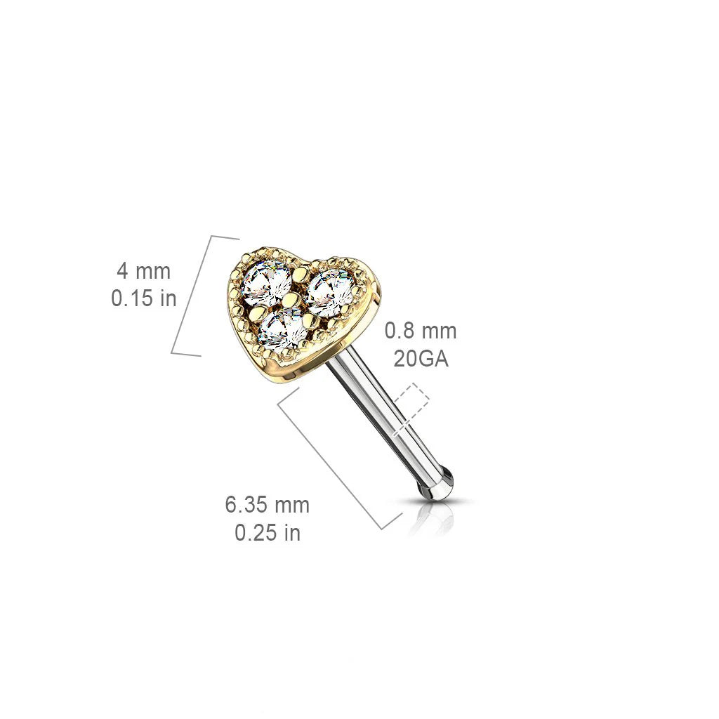 CUTE CRYSTAL FILLED LOVE HEART STRAIGHT PRONG NOSE STUD - 6MM