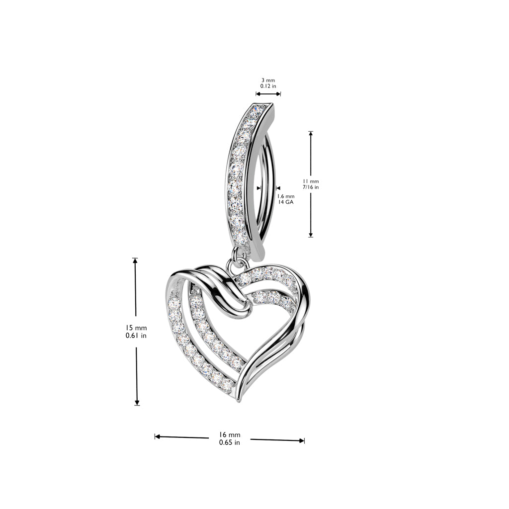 CRYSTAL LINED LOVE HEART CHARM BELLY RING CLICKER HOOP- 11MM