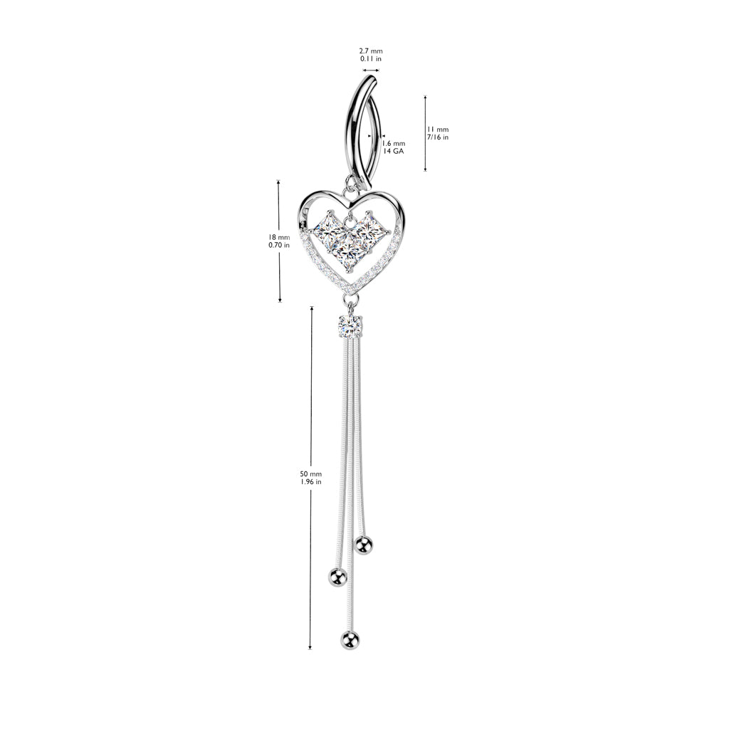 CRYSTAL LOVE HEART DANGLY CHARM BELLY RING CLICKER HOOP- 11MM