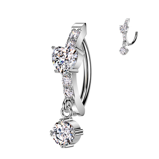 CRYSTAL LOVE HEART DANGLY CHARM BELLY RING CLICKER HOOP- 11MM