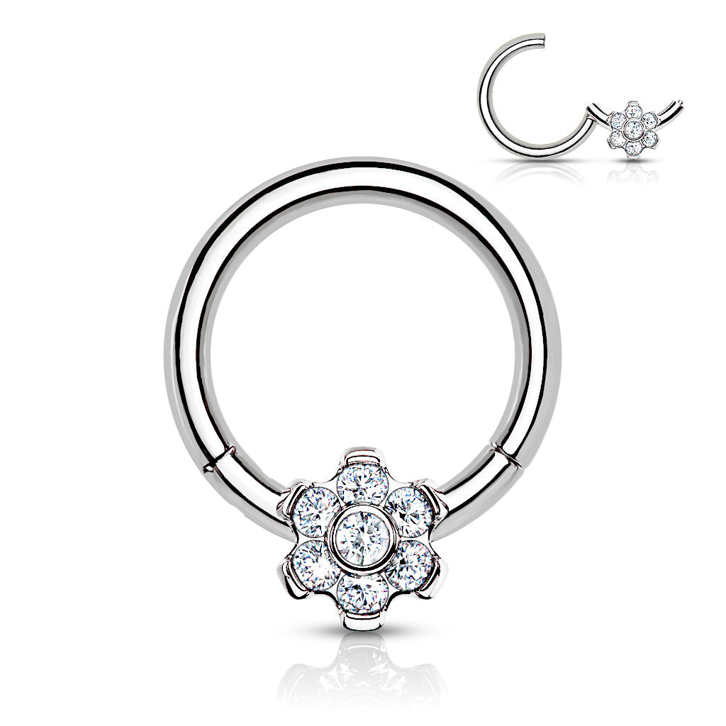 TITANIUM CRYSTAL FLOWER HINGED SEGMENT HOOP - 16 GAUGE - 8MM