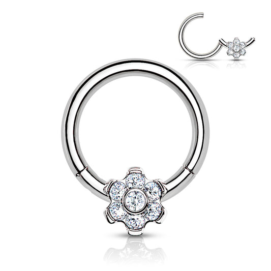 TITANIUM CRYSTAL FLOWER HINGED SEGMENT HOOP - 16 GAUGE - 8MM