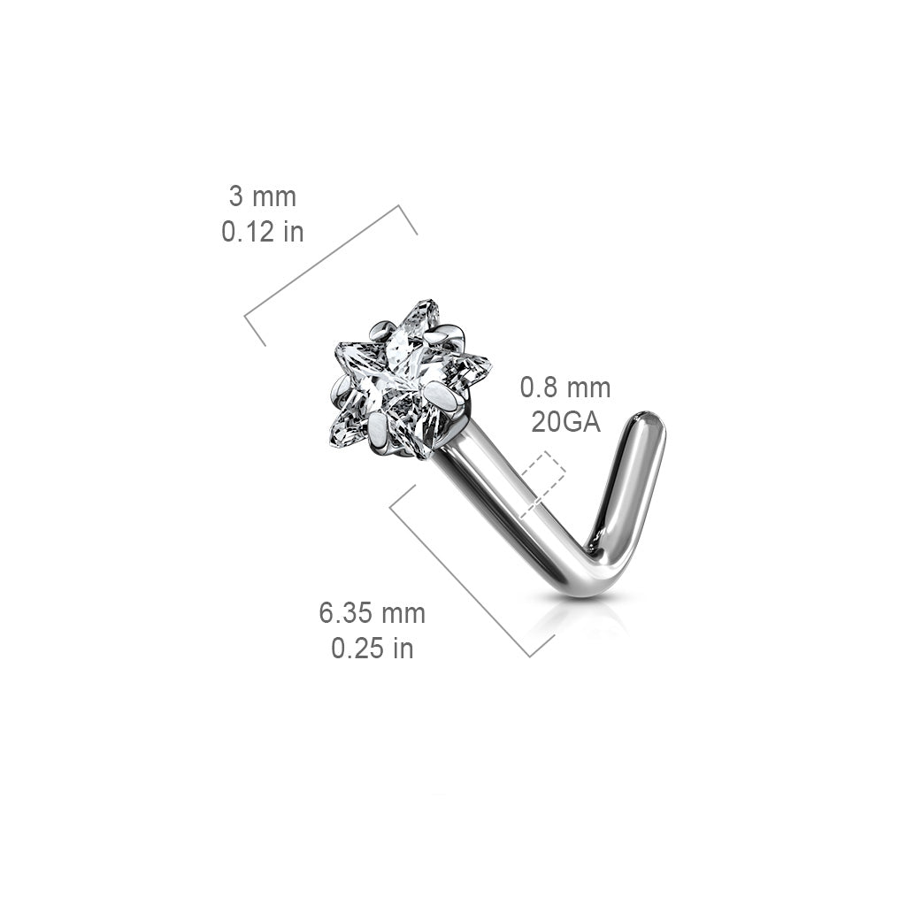 TITANIUM DAINTY CRYSTAL STAR L BEND NOSE STUD - 20 GAUGE