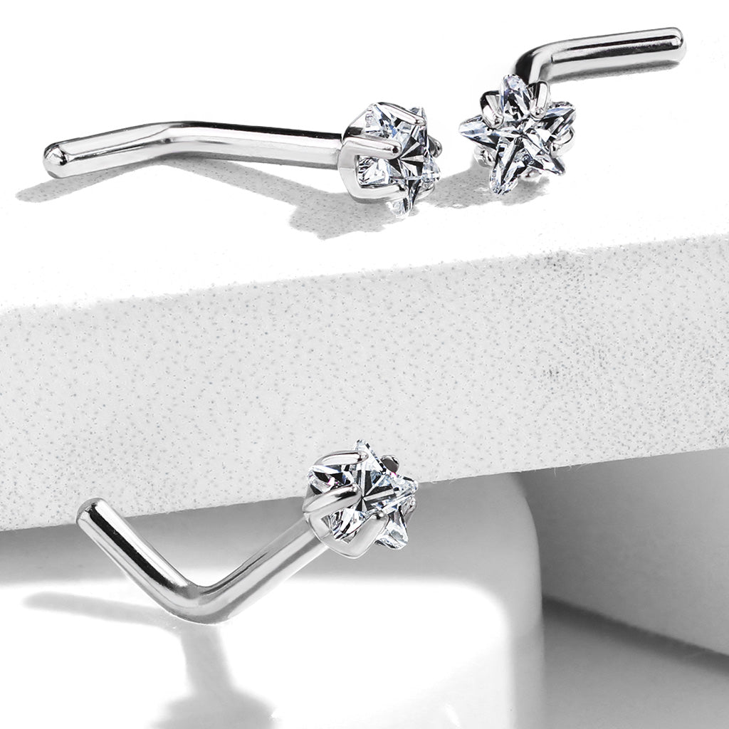 TITANIUM DAINTY CRYSTAL STAR L BEND NOSE STUD - 20 GAUGE