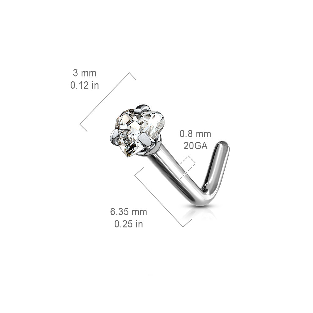 TITANIUM DAINTY CRYSTAL HEART L BEND NOSE STUD - 20 GAUGE