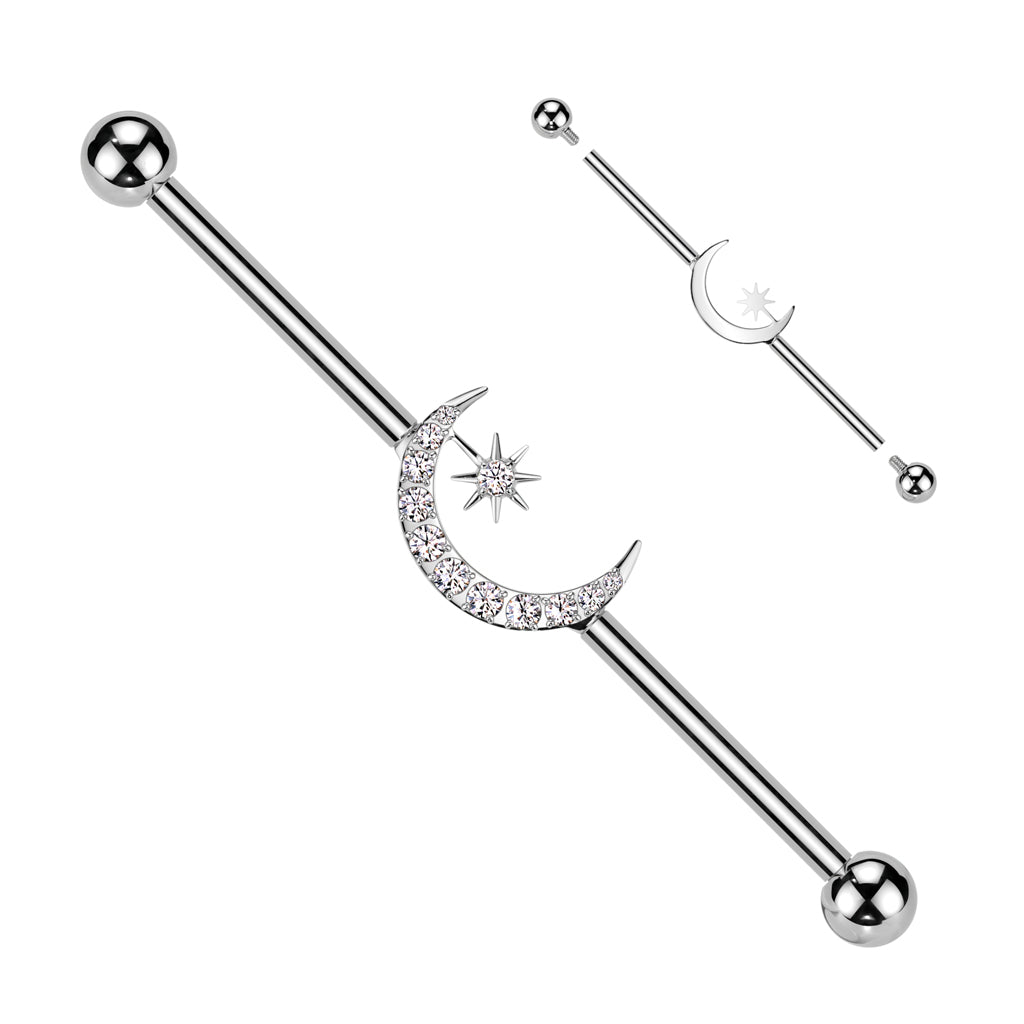 TITANIUM CRYSTAL MOON & STARS INDUSTRIAL BARBELL - 38MM