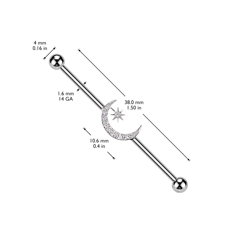TITANIUM CRYSTAL MOON & STARS INDUSTRIAL BARBELL - 38MM