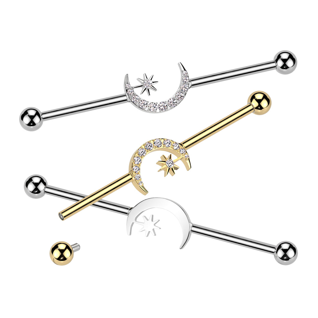 TITANIUM CRYSTAL MOON & STARS INDUSTRIAL BARBELL - 38MM