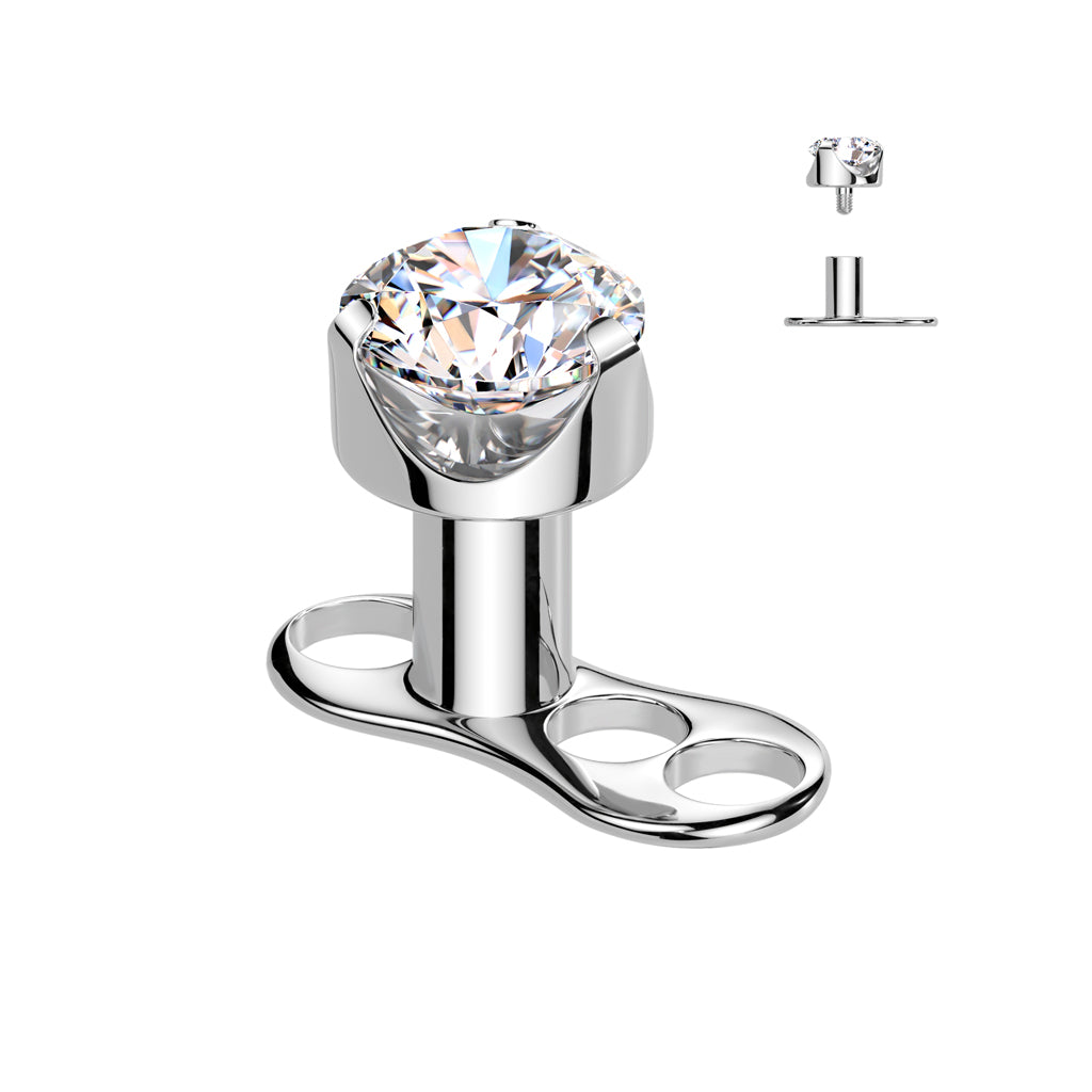 Implant Grade Titanium Internally Threaded 3 Hole Dermal Anchor With 2.5mm Rise and Flat Back Prong Set Round CZ Top