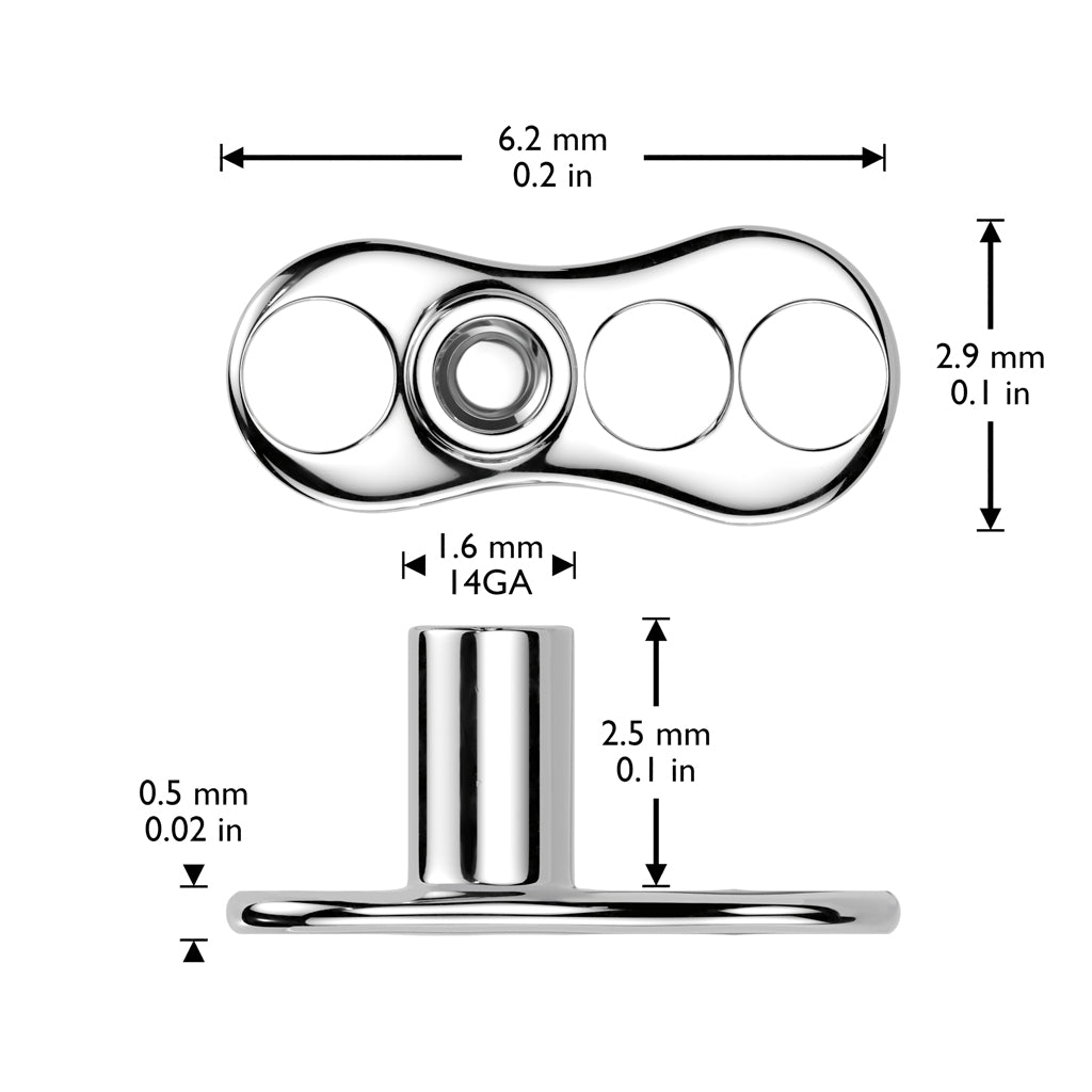 Implant Grade Titanium Internally Threaded 3 Hole Dermal Anchor With 2.5mm Rise and Flat Back Prong Set Round CZ Top