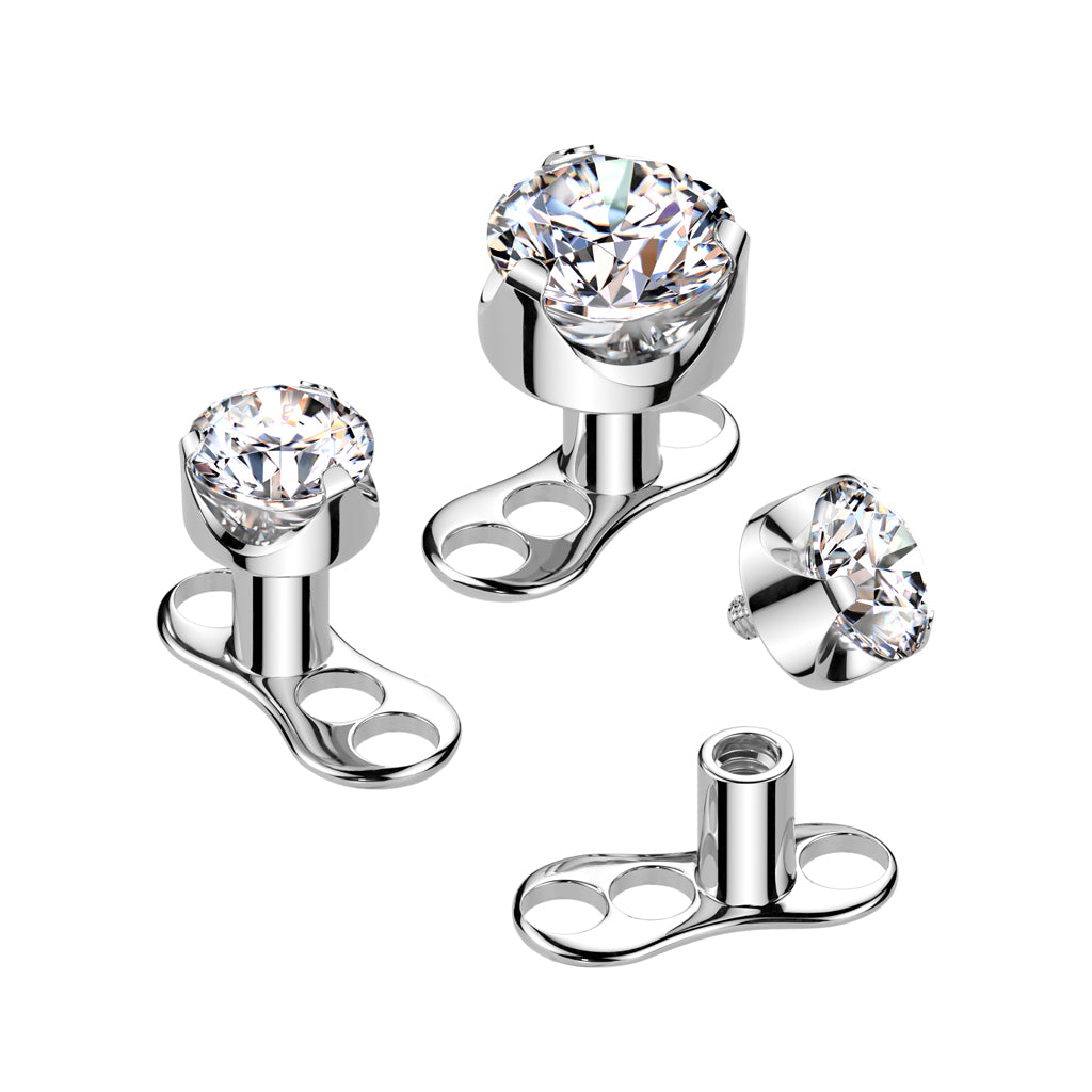 Implant Grade Titanium Internally Threaded 3 Hole Dermal Anchor With 2.5mm Rise and Flat Back Prong Set Round CZ Top