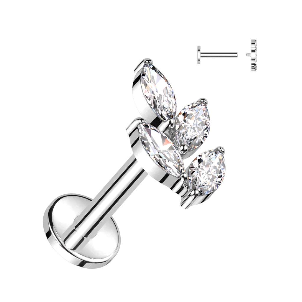 TITANIUM CRYSTAL VINE LEAF FLAT BACK LABRET STUD - 16 GAUGE -8MM