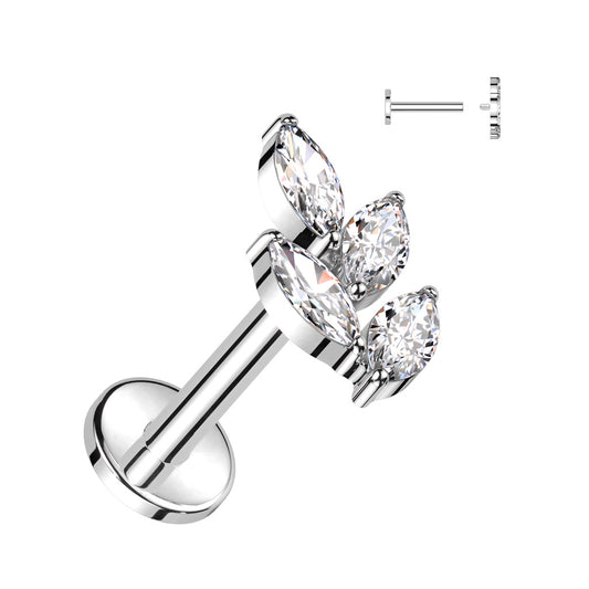 TITANIUM CRYSTAL VINE LEAF FLAT BACK LABRET STUD - 16 GAUGE -8MM